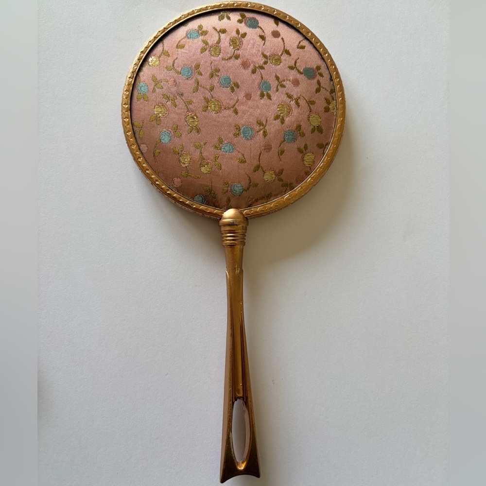 Vintage Pink Floral Hand Mirror with Gold Handle